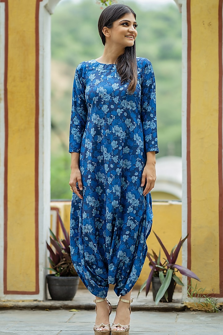 Midnight Blue Cotton Rayon Zari Embroidered Jumpsuit by Pasha