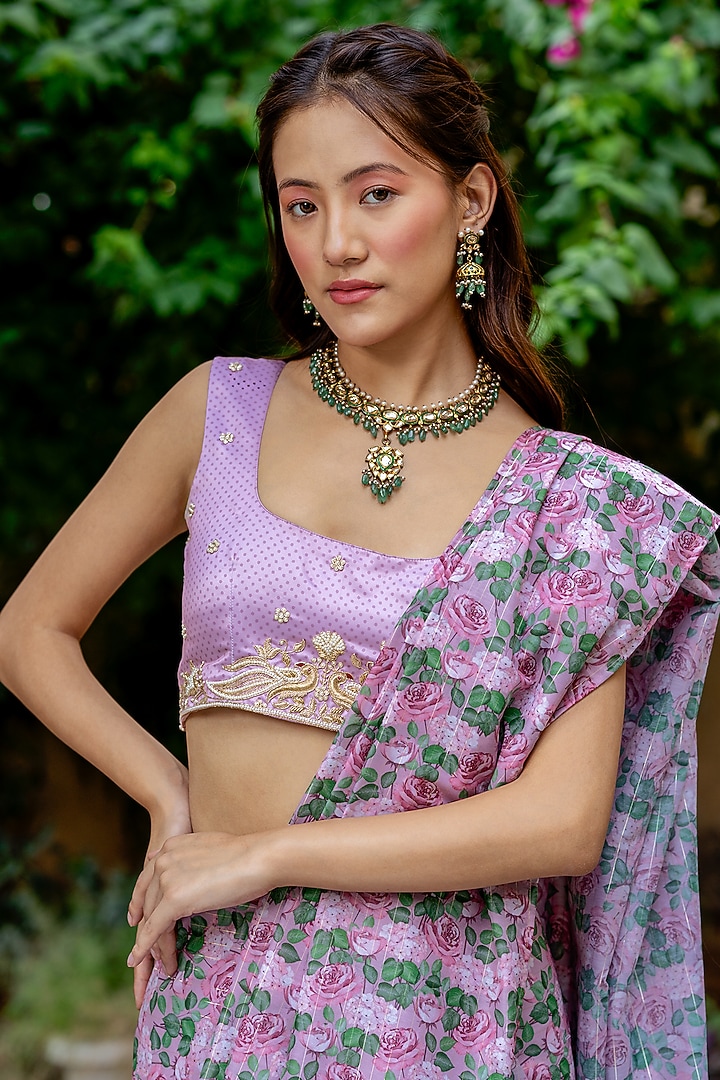 Kobi Pink Muslin Zari Floral Digital Printed Concept Party Wear Saree Set by Pasha at Pernia's Pop Up Shop