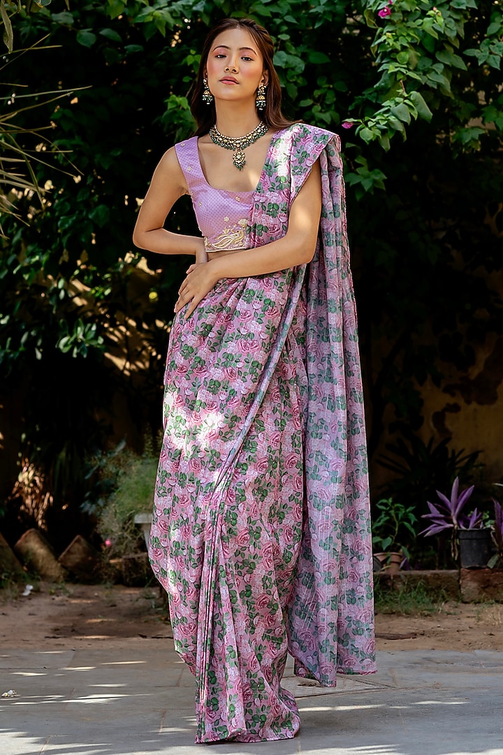 Kobi Pink Muslin Zari Floral Digital Printed Concept Party Wear Saree Set by Pasha at Pernia's Pop Up Shop