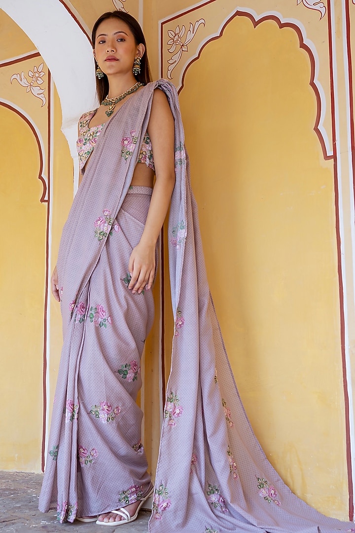 Mocha Brown Cambric Floral & Polka Dot Printed Concept Saree Set by Pasha at Pernia's Pop Up Shop