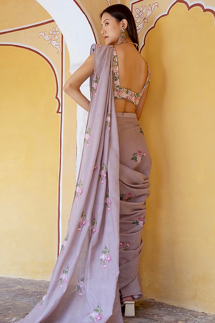 Mocha Brown Cambric Floral & Polka Dot Printed Concept Saree Set by Pasha at Pernia's Pop Up Shop