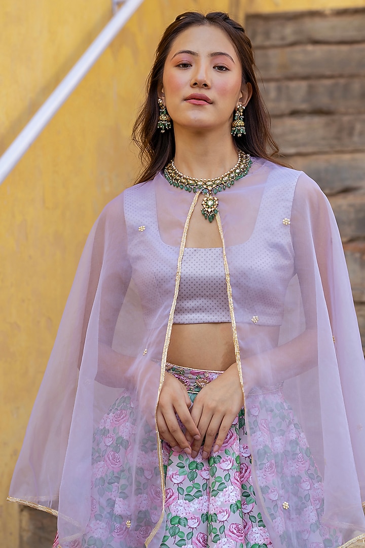 Mocha Brown Dull Satin & Organza Printed Jacket Wedding Lehenga Set by Pasha at Pernia's Pop Up Shop