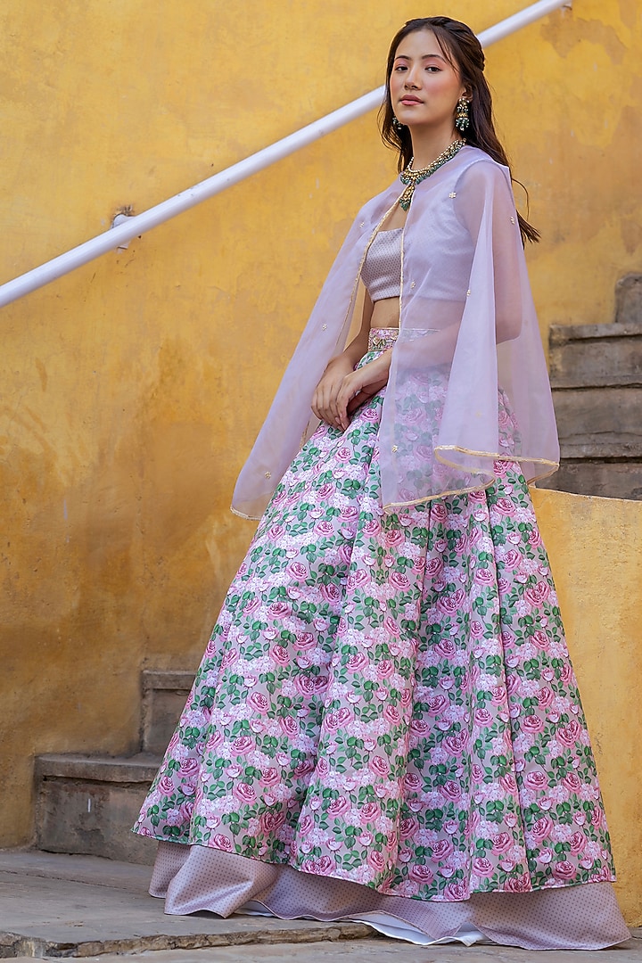 Mocha Brown Dull Satin & Organza Printed Jacket Wedding Lehenga Set by Pasha at Pernia's Pop Up Shop