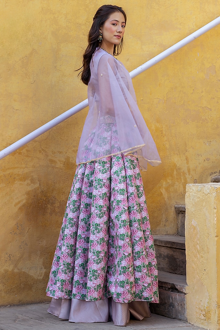 Mocha Brown Dull Satin & Organza Printed Jacket Wedding Lehenga Set by Pasha at Pernia's Pop Up Shop