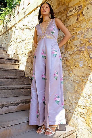 Mocha Brown Dull Satin Pleated Jumpsuit by Pasha