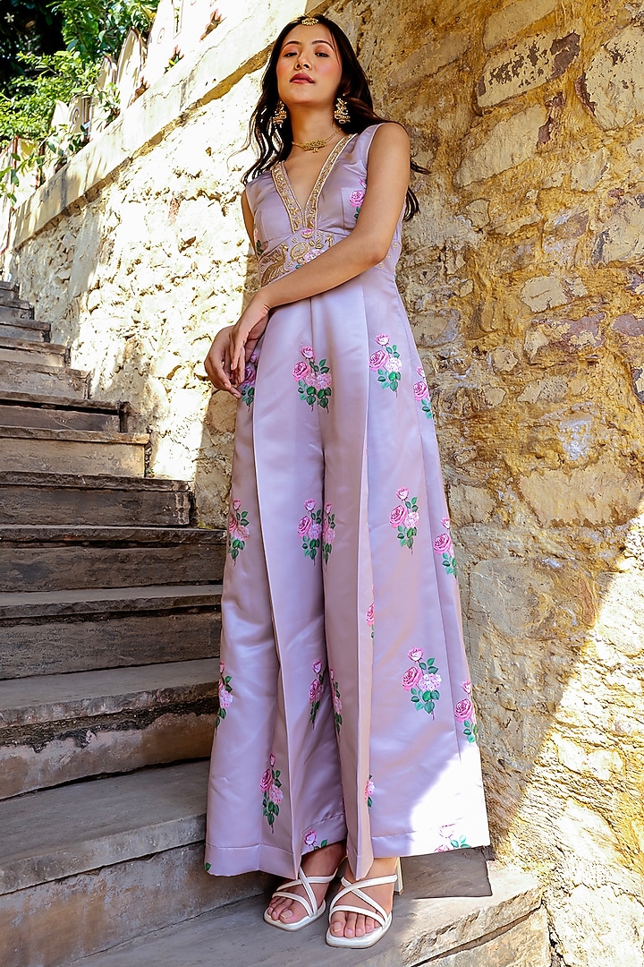 Mocha Brown Dull Satin Pleated Jumpsuit by Pasha at Pernia's Pop Up Shop