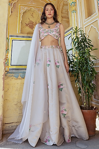 Moss Green Dull Satin Floral & Polka Dot Lehenga Set by Pasha