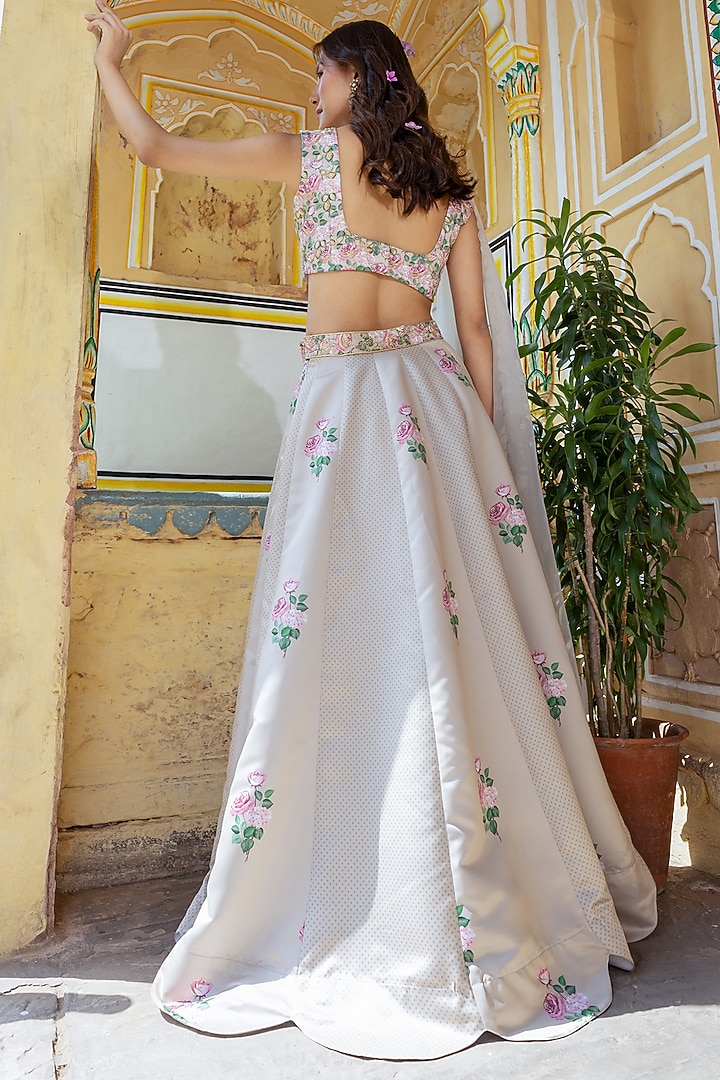 Moss Green Dull Satin Floral & Polka Dot Wedding Lehenga Set by Pasha at Pernia's Pop Up Shop