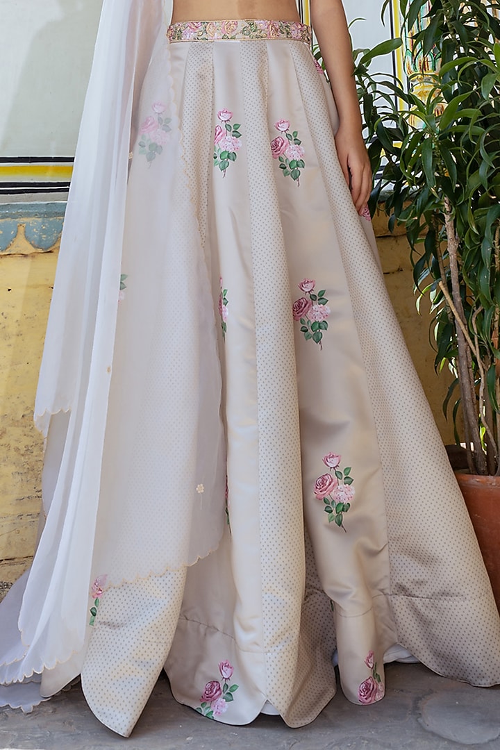 Moss Green Dull Satin Floral & Polka Dot Wedding Lehenga Set by Pasha at Pernia's Pop Up Shop