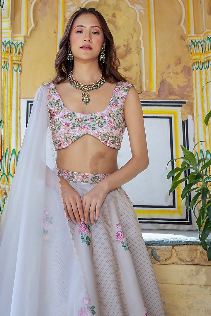Moss Green Dull Satin Floral & Polka Dot Wedding Lehenga Set by Pasha at Pernia's Pop Up Shop