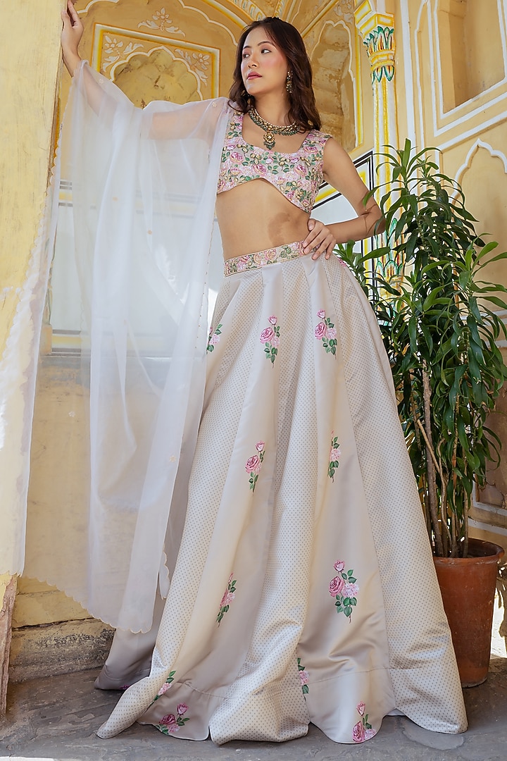 Moss Green Dull Satin Floral & Polka Dot Wedding Lehenga Set by Pasha at Pernia's Pop Up Shop