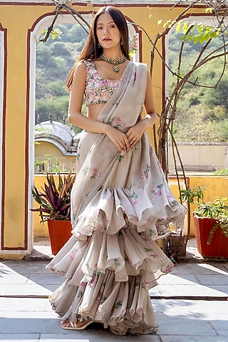 Moss Green Dull Satin & Organza Ruffled Saree Set by Pasha