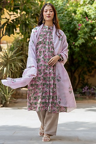 Pink Cambric & Organza Printed Kurta Set by Pasha