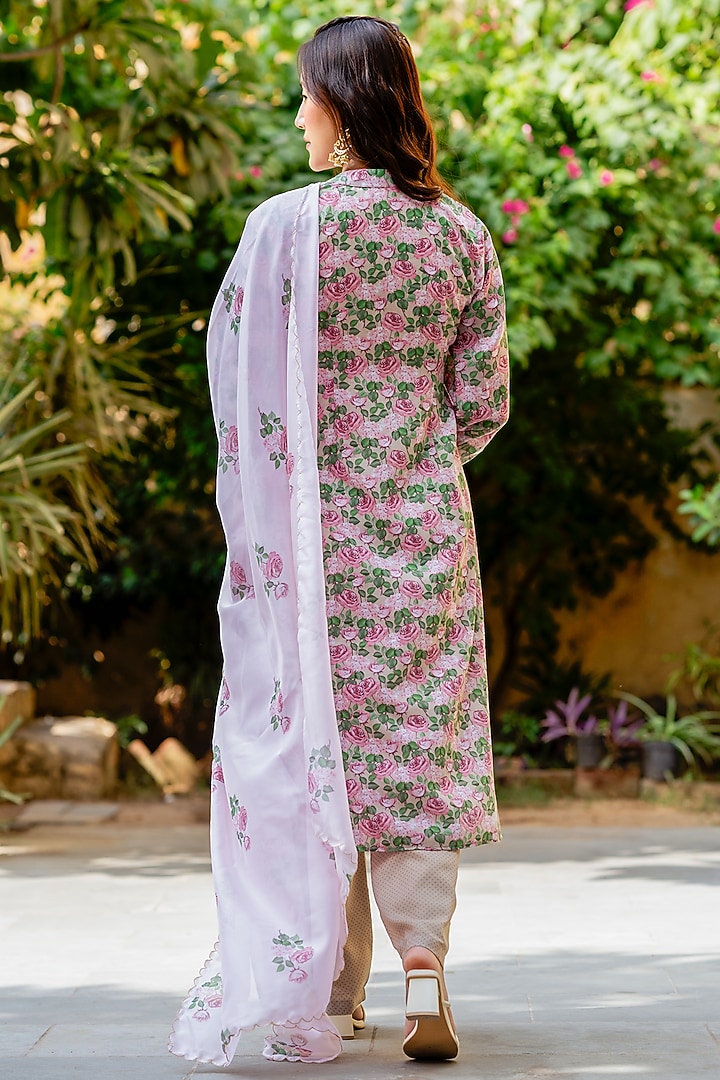 Pink Cambric & Organza Printed Kurta Set by Pasha at Pernia's Pop Up Shop