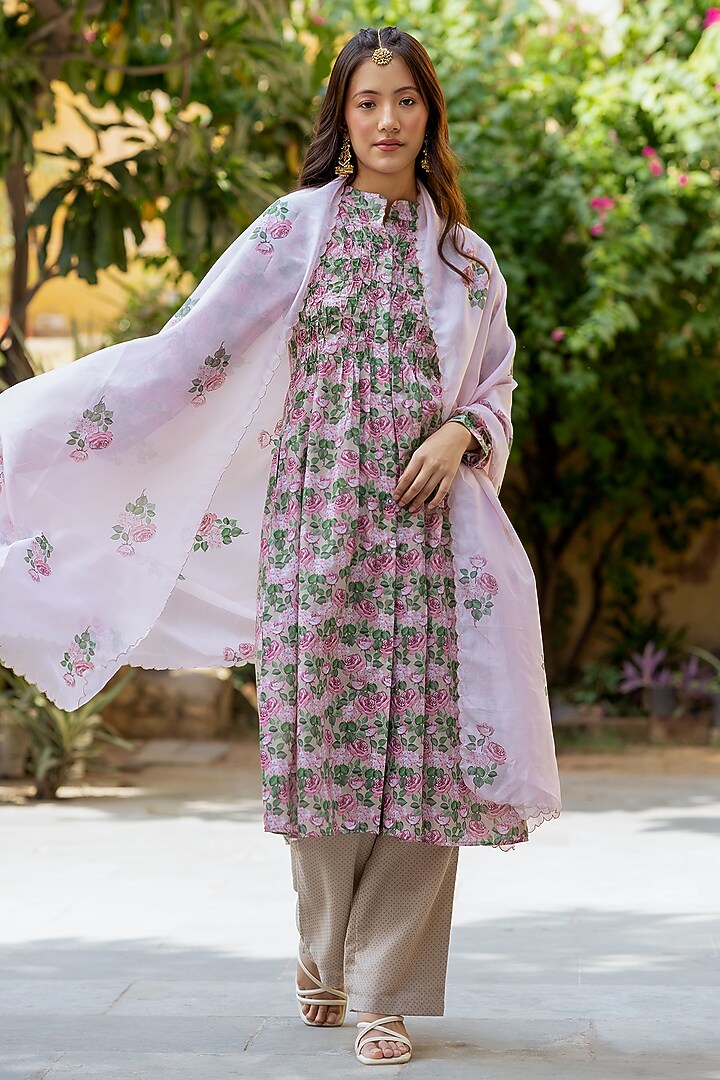 Pink Cambric & Organza Printed Kurta Set by Pasha at Pernia's Pop Up Shop