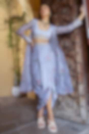 Soft Blue Cambric Floral & Polka Dot Draped Skirt Set by Pasha