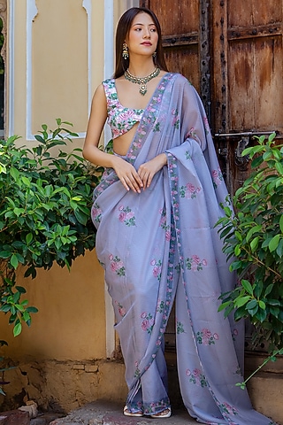 Soft Blue Organza Floral & Polka Dot Printed Concept Saree Set by Pasha