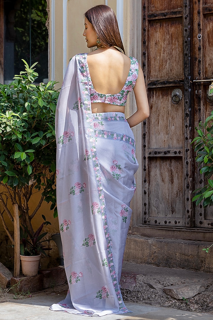 Soft Blue Organza Floral & Polka Dot Printed Concept Party Wear Saree Set by Pasha at Pernia's Pop Up Shop