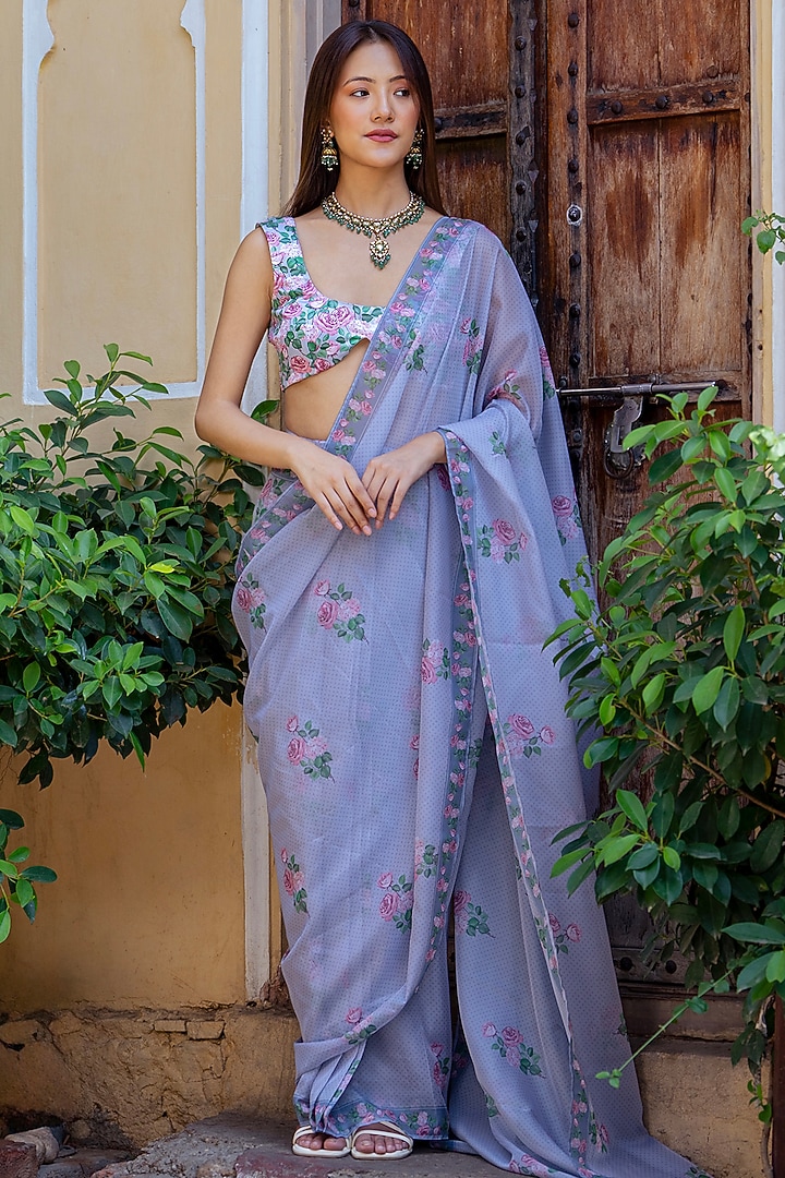 Soft Blue Organza Floral & Polka Dot Printed Concept Party Wear Saree Set by Pasha at Pernia's Pop Up Shop