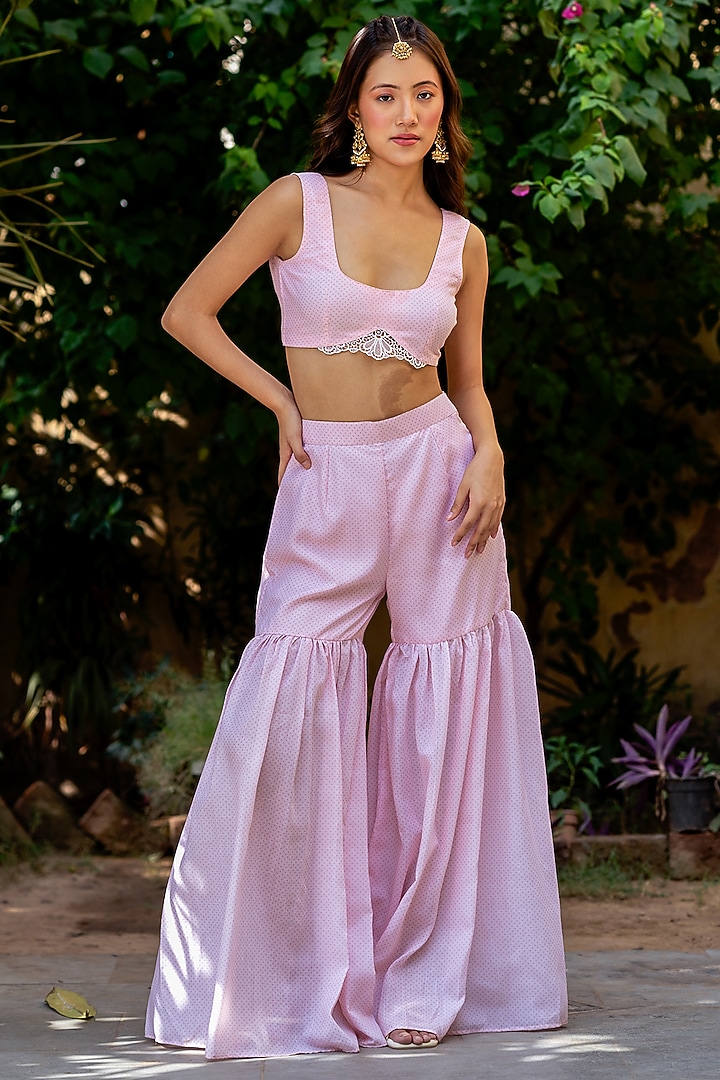 Pink Cambric & Organza Party Wear Sharara Set by Pasha at Pernia's Pop Up Shop