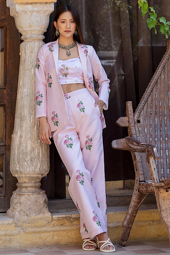 Pink Muslin Zari Striped Blazer Set by Pasha