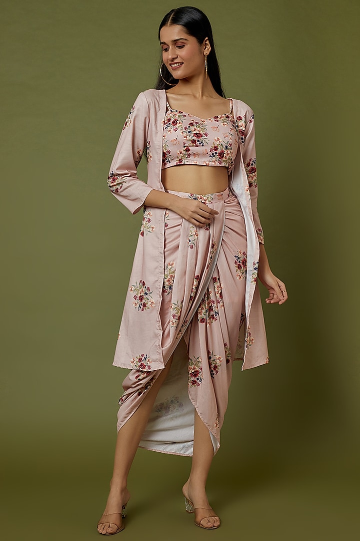 Carnation Pink Floral Printed Cape Set by Pasha