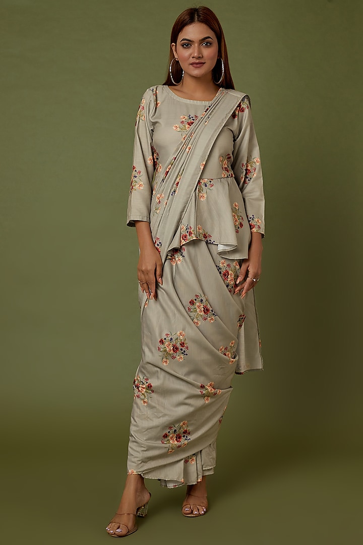 Laurel Green Floral Printed Pant Saree Set by Pasha
