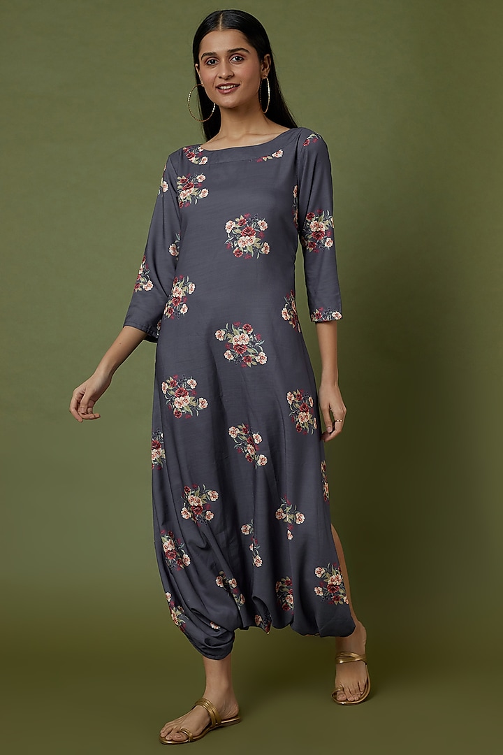 Persian Blue Floral Printed Dhoti Jumpsuit by Pasha at Pernia's Pop Up Shop