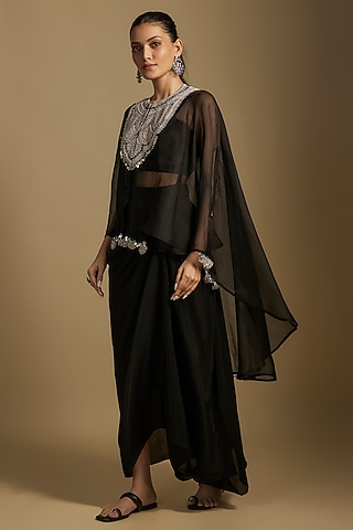 Black Organza Maal & Dori Work Kaftan Set by Prisho