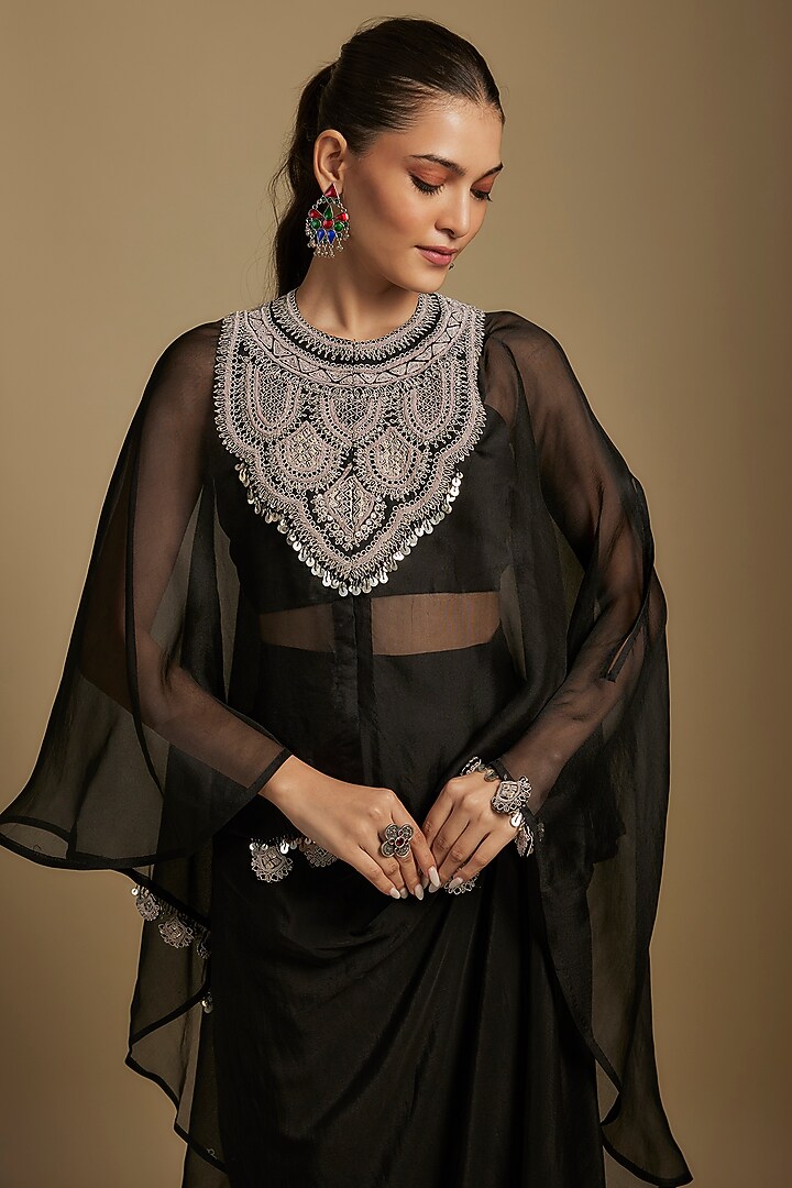 Black Organza Maal & Dori Work Kaftan Set by Prisho at Pernia's Pop Up Shop