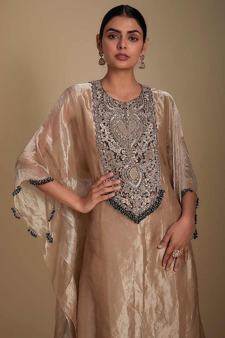 Brown Tissue Maal Work Kaftan Set by Prisho at Pernia's Pop Up Shop