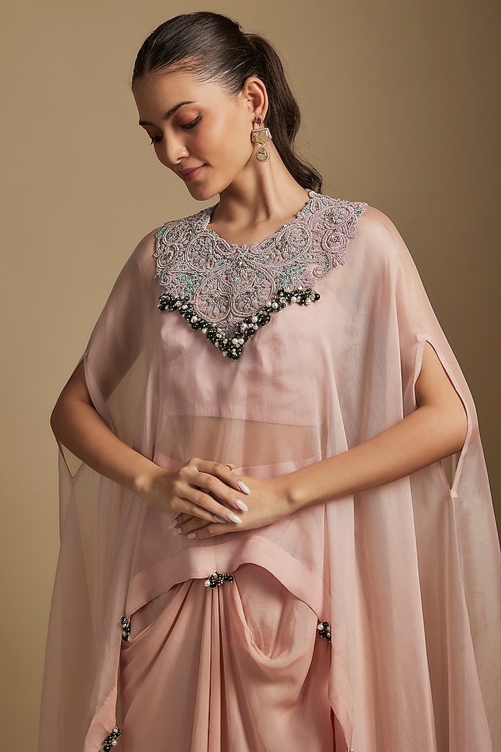 Flamingo Pink Organza Maal & Dori Work A-Line Kaftan Set by Prisho at Pernia's Pop Up Shop