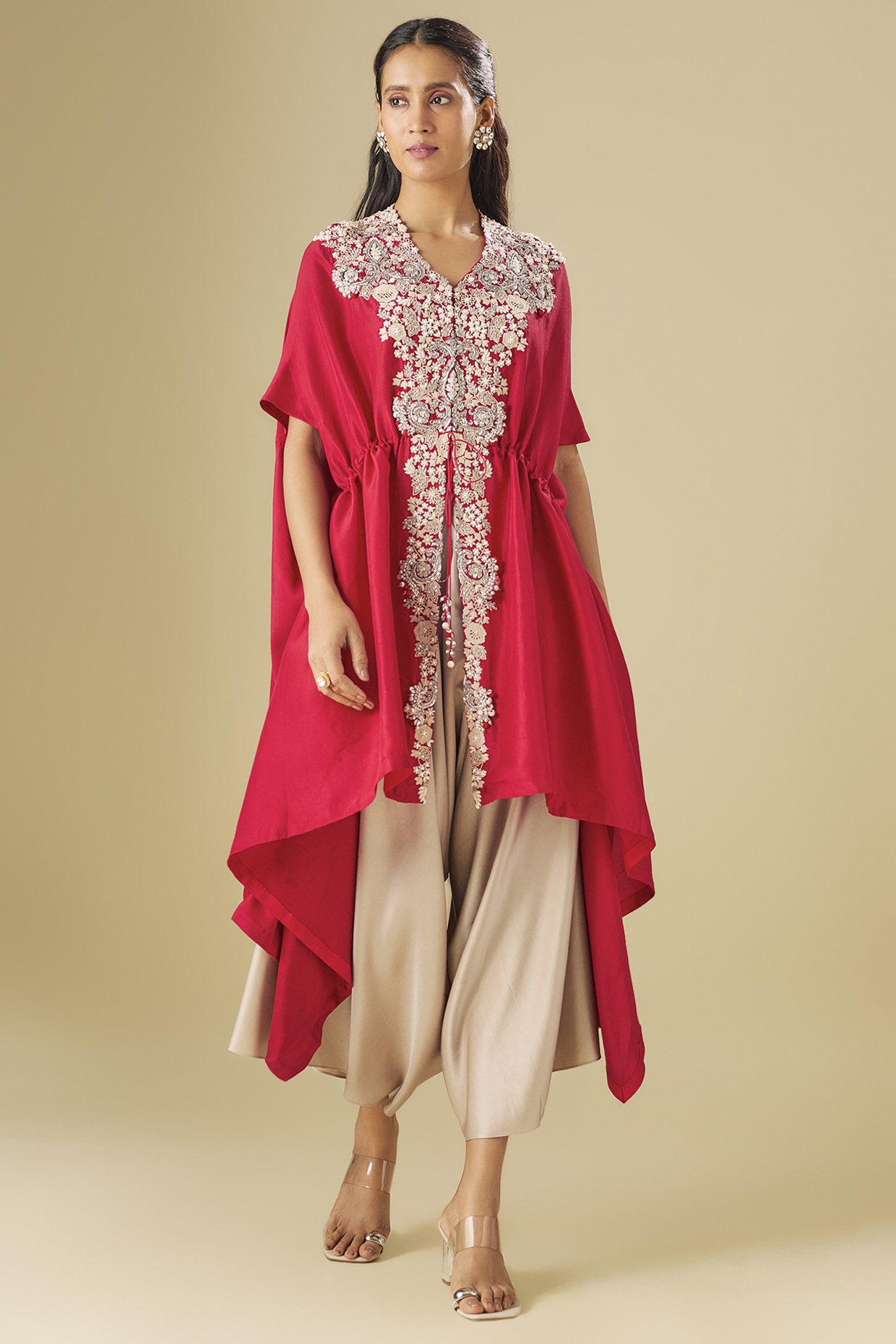 Red Silk Resham Work Kaftan Set by Prisho at Pernia's Pop Up Shop