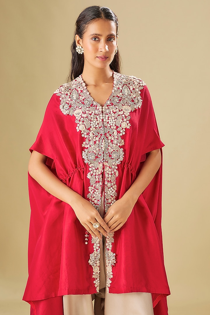 Red Silk Resham Work Kaftan Set by Prisho at Pernia's Pop Up Shop