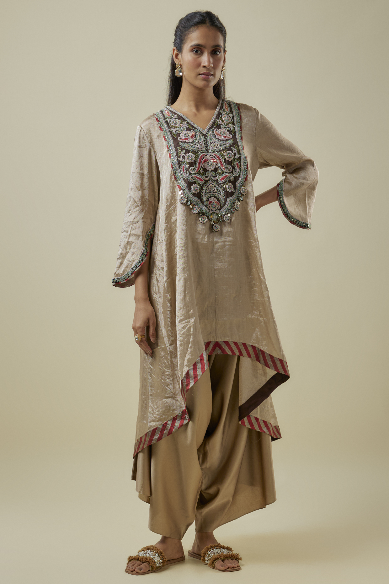 Champagne Tissue Dori Work Kaftan Set by Prisho at Pernia's Pop Up Shop