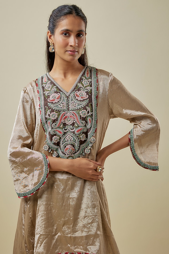Champagne Tissue Dori Work Kaftan Set by Prisho at Pernia's Pop Up Shop