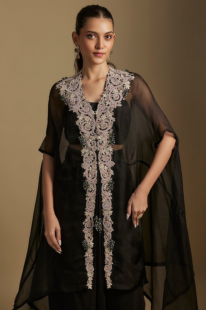 Black Organza Maal & Dori Work Jacket Set by Prisho at Pernia's Pop Up Shop