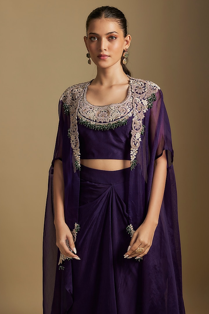 Dark Purple Organza Maal & Dori Work Jacket Set by Prisho at Pernia's Pop Up Shop