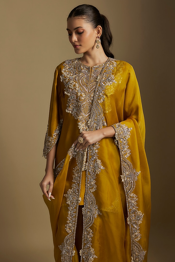 Mustard Silk Resham & Maal Work Kurta Set by Prisho at Pernia's Pop Up Shop