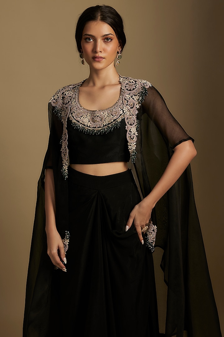 Black Organza Maal & Dori Work Jacket Set by Prisho at Pernia's Pop Up Shop