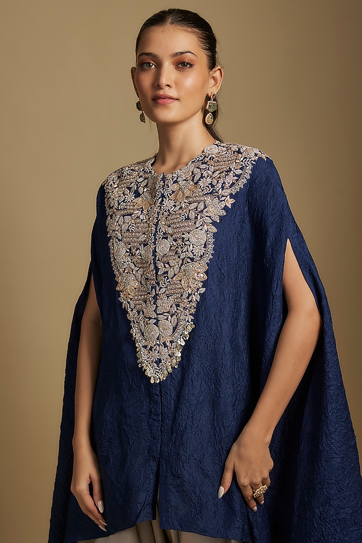 Blue Crushed Silk Maal & Lampi Work Kaftan Set by Prisho at Pernia's Pop Up Shop