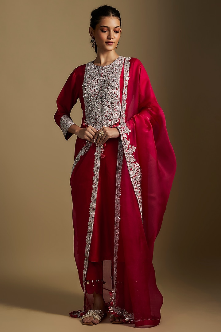 Fuchsia Silk Pitta Work Kurta Set by Prisho at Pernia's Pop Up Shop