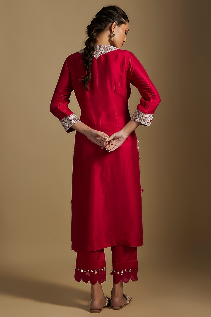 Fuchsia Silk Pitta Work Kurta Set by Prisho at Pernia's Pop Up Shop