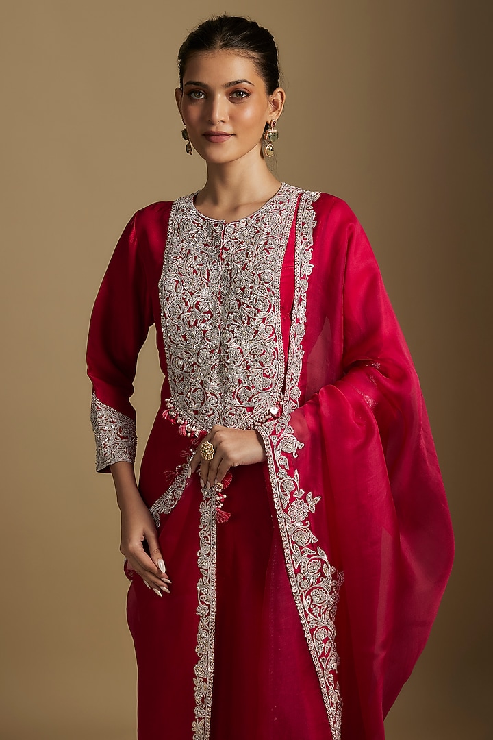 Fuchsia Silk Pitta Work Kurta Set by Prisho at Pernia's Pop Up Shop