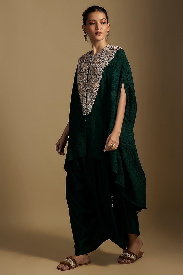 Bottle Green Crushed Silk Maal & Lampi Work Kaftan Set by Prisho at Pernia's Pop Up Shop