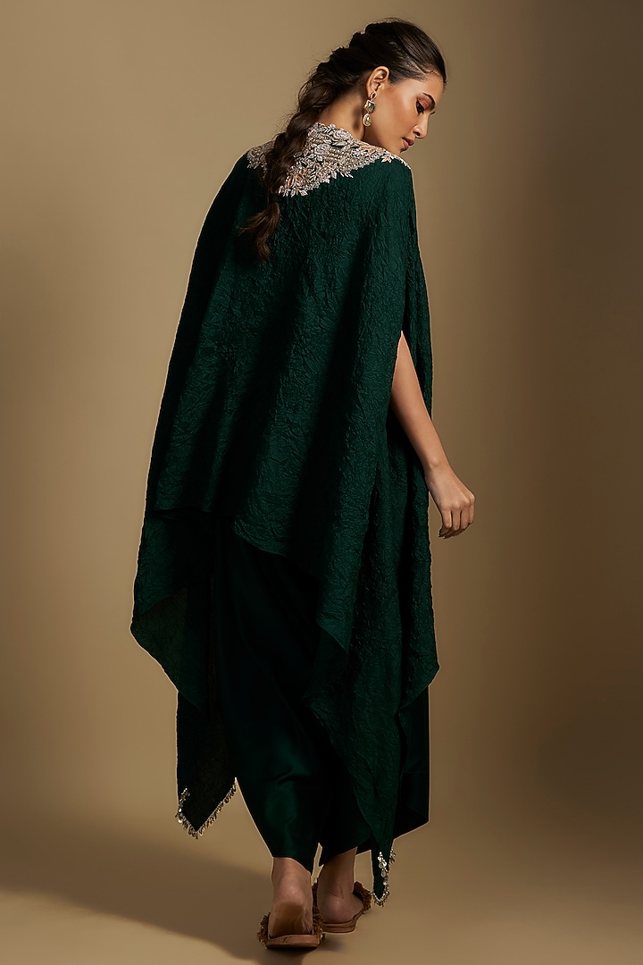 Bottle Green Crushed Silk Maal & Lampi Work Kaftan Set by Prisho at Pernia's Pop Up Shop