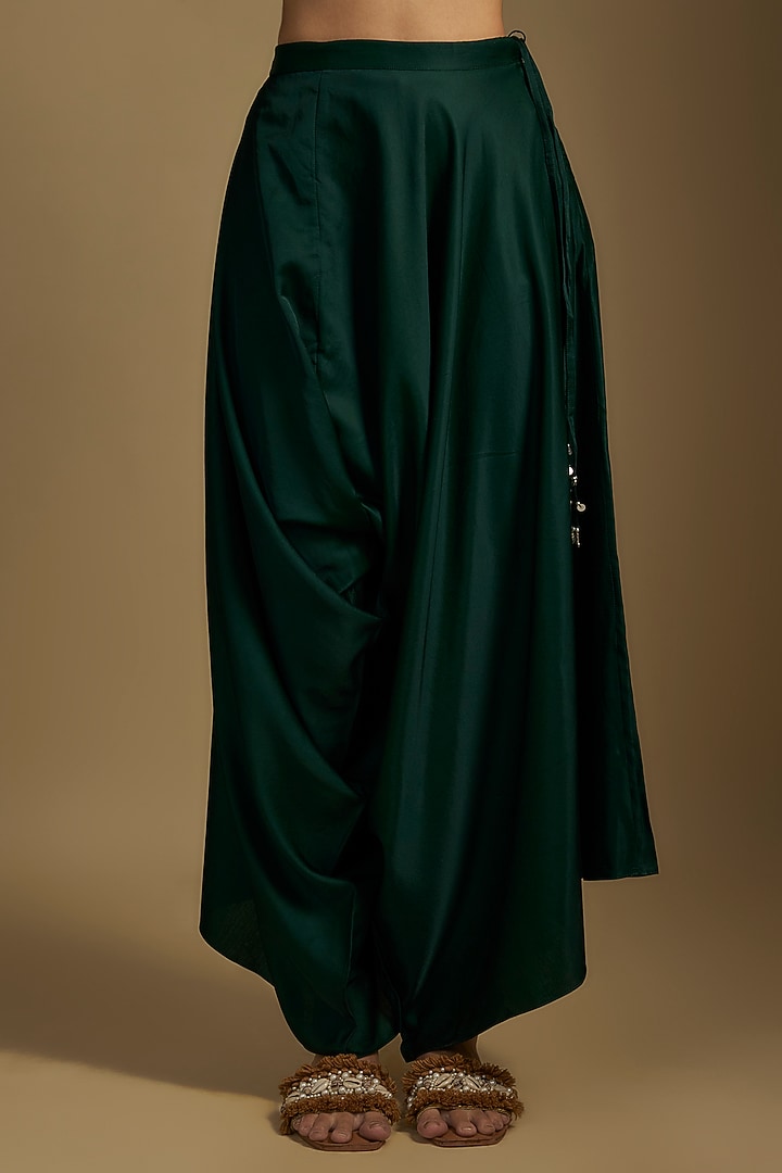 Bottle Green Crushed Silk Maal & Lampi Work Kaftan Set by Prisho at Pernia's Pop Up Shop