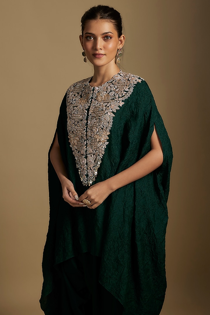 Bottle Green Crushed Silk Maal & Lampi Work Kaftan Set by Prisho at Pernia's Pop Up Shop