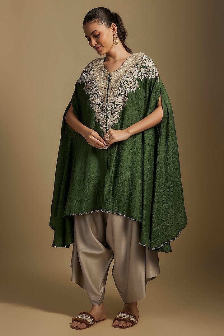 Green Crushed Silk Resham Work Kaftan Set by Prisho at Pernia's Pop Up Shop