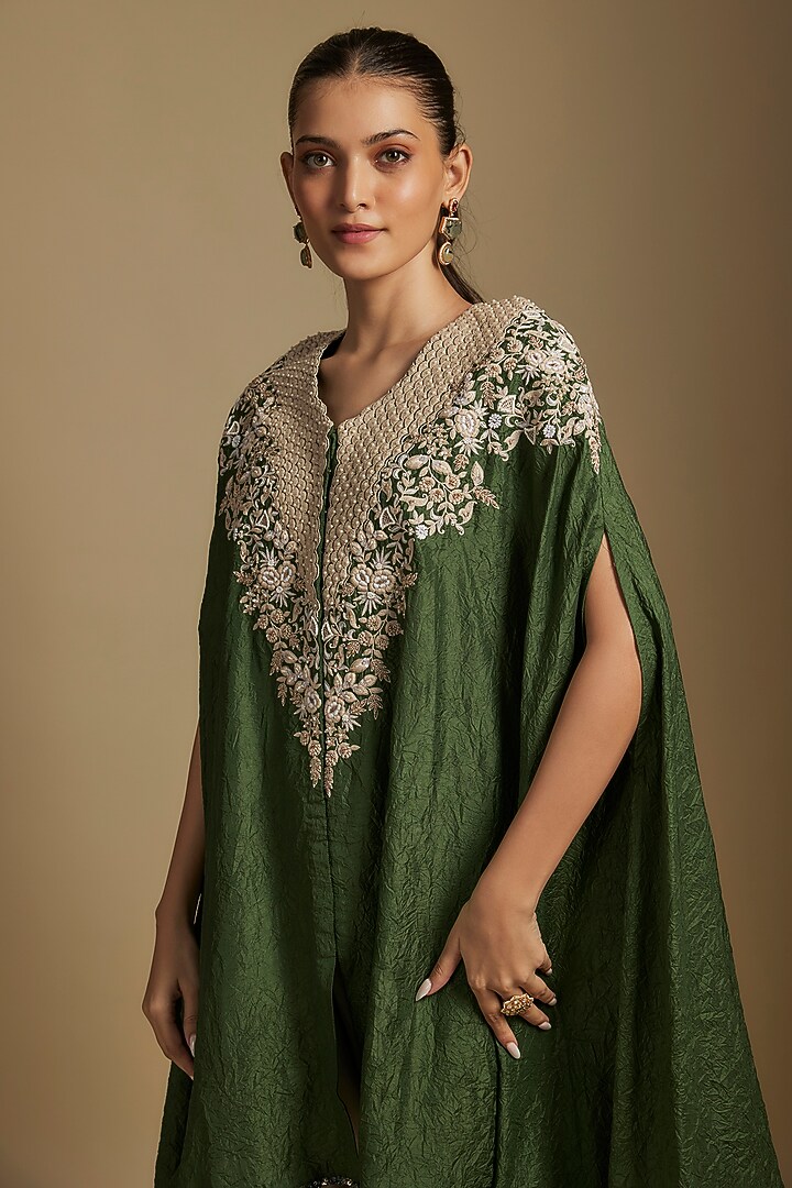 Green Crushed Silk Resham Work Kaftan Set by Prisho at Pernia's Pop Up Shop